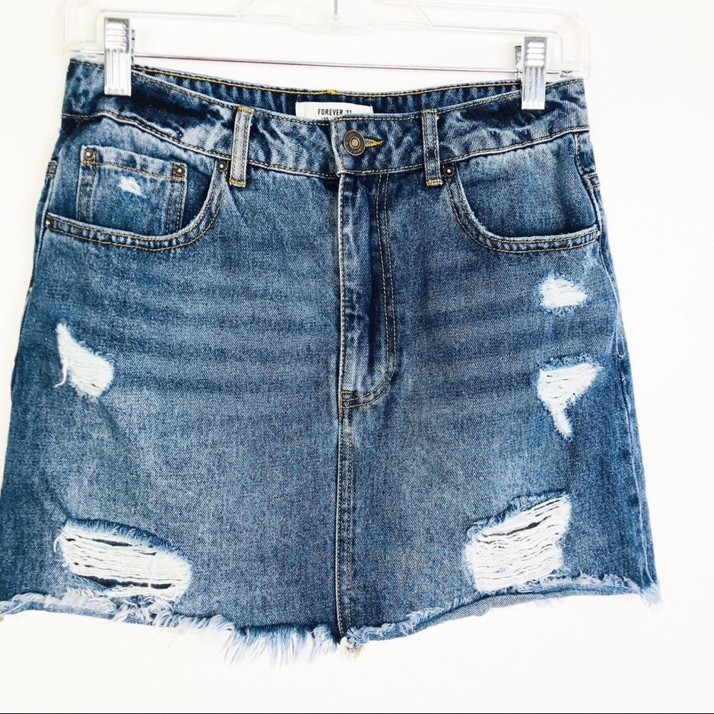 Forever 21 Distressed Fringed Hem Blue Jean Skirt
